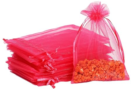 POPOYU 100 Pezzi Sacchetti Organza,9 * 12cm Rosso Rosa Sacchetti Organza Regalo,Borse Organza con Coulisse,Sacchetti Confetti per Bomboniere,Matrimonio,Caramella,Gioielli