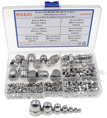 HVAZI 7 Sizes M3 to M12 Acorn Hex Cap Nuts Assortment Kit;304 Stainless Steel Metric Cap Nuts-M3 M4 M5 M6 M8 M10 M12 for Screws Bolts