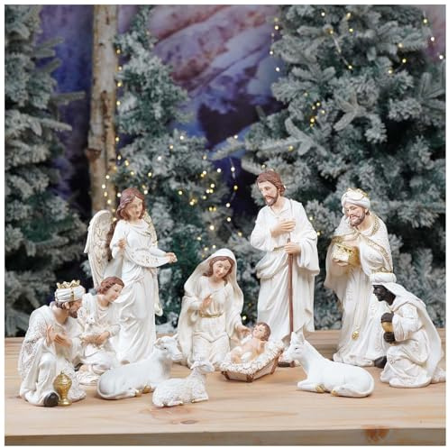 Zayton Nativity Set Christmas Indoor 11 Pcs 5.5 Inch Scene Statue Figurines Jesus Manger Crib Ornament Church Xmas Home Catholic Religious Decoration