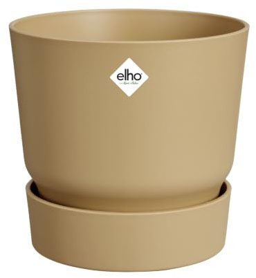 Elho Greenville Round 25cm Vasi per Piante - Sabbia Dorata | ∅ 24.5 x A 23.3 cm | Sottovaso integrato | Adatto per uso interno ed esterno | Plastica riciclata al 100%