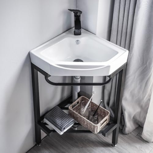 Eckwaschbecken aus Keramik für Badezimmer, Waschtischkonsole, Waschwannenstation, Freistehendes Handwaschbecken, rechteckiges Porzellanwaschbecken mit Metallbeinen, Standwaschbecken, Ablageregal(48CM/