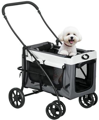 PawHut Carrito para Perros 2 en 1 Cochecito para Perros Pequeños Plegable Cochecito para Mascotas con Vagón Desmontable 4 Puertas con Cremallera 2 Correas de Seguridad y Cojín Gris