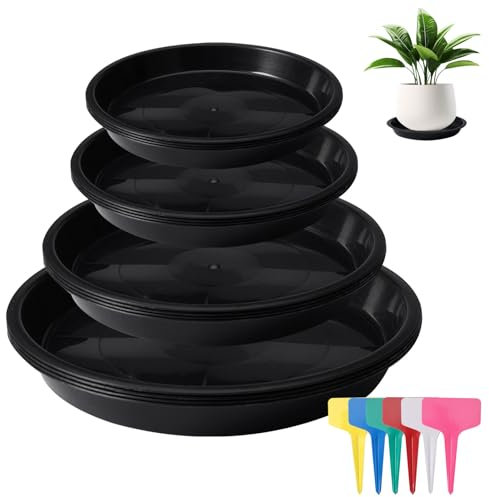 Jinsion 16 Piezas Platillos para Plantas de Plástico, 12/16/18/20 cm Platos Macetas Redondos Plástico con 18 Piezas Etiquetas, Bandejas de Goteo para Macetas para Jardines, Balcones, Patios Traseros