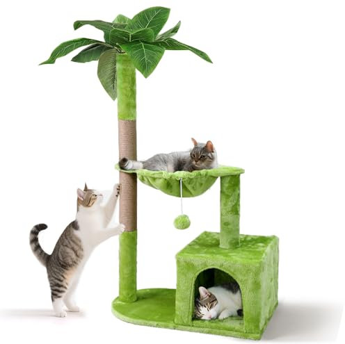 Eukue Kratzbaum Set, Katzen Kratzbaum 110 cm hoch, katzenbaum für Große Katzen Stabil, Hochbelastbar, kratzstamm, Höhle, Korb Plüsch, Katzenmöbel mit Plüschball für Kätzchen bis zu 10 kg, Grün