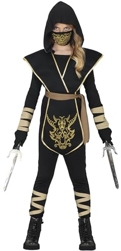 FIESTAS GUIRCA | Costume Combat Ninja Enfant (10-12 ans) - Cagoule, Gilet et Masque - Costumes de Ninjas pour Halloween, Carnaval et Fêtes d'Arts Martiaux - Idéal pour Filles - Noir