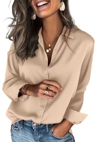 Zeagoo Camicetta da Donna Elegante in Raso di Seta Camicia a Maniche Lunghe con Scollo a V Blusa Basic con Bottoni Unita Maglietta per Lavoro Casual Marrone Chiaro XL
