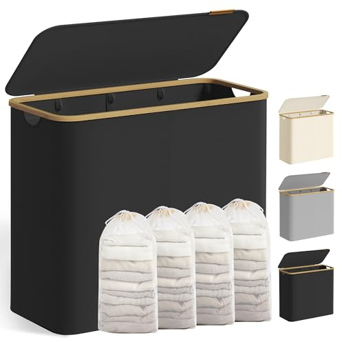 SONGMICS 200L Laundry Basket with Lid, Laundry Hamper with Bamboo Handles | Washing Basket for Bedroom, Bathroom, 4 Removable Mesh Liner, Collapsible, Oxford Fabric, Bamboo, Ink Black, LCB514BH01