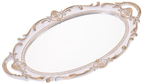 HAMPPLIES Plateau Miroir Rétro Décoratif Blanc pour Service Et Photo Plateau De Rangement Vintage Élégant Support Ornement pour Mariage Maison Et Bureau