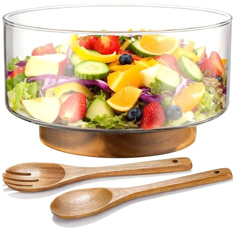 ZhouZGlass Extra Large Glass Salad Bowl Set with Acacia Wood Salad Tongs, Serving Bowl Set for Fruit, Cakes, Pasta, Desserts, Microwave & Dishwasher Safe