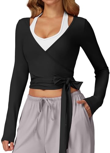 FEOYA Haut Cache-CœUr pour Femme De Ballet à Manches Longues Noué sur Le Devant Yoga Pilates Haut De Gymnastique Dancewear