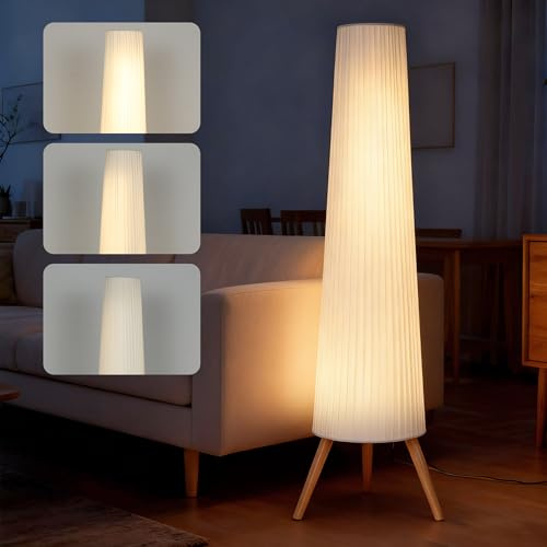 HOMCOM LED Stehlampe Wohnzimmer Dimmbar Holz mit Dreibein, Stehleuchte mit Fußschalter nordische Standleuchte für Wohnzimmer Schlafzimmer Weiß