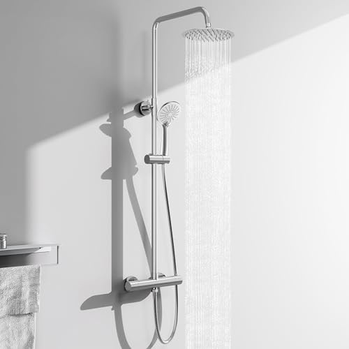 AICA Ensemble de Colonne de Douche Thermostatique pour Salle de Bain, Robinet de Douche Thermostatique en laiton, 3 Modes de Pulvérisation, Chromé, Hauteur Réglable 715 mm-1205 mm (argent)