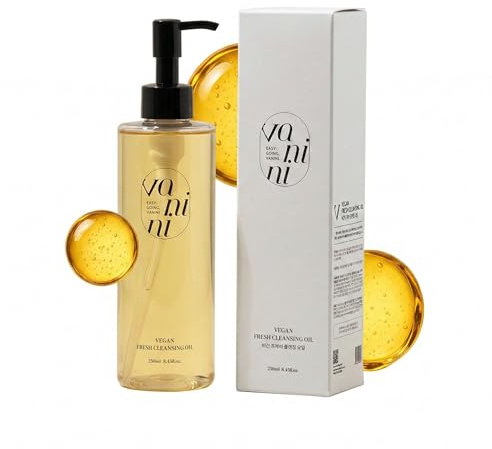 VANINI Huile Nettoyante Visage Coréen avec Vitamine E et Huile de Son de Riz (Dermatest EXCELLENT & EVE VEGAN), contre Points Noirs & Excès de Sébum, Oil Cleanser & Démaquillant, 250 ml