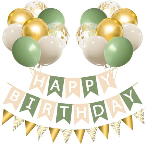 Decorazioni Compleanno Verde Salvia, 16 Palloncini Verdi, Sabbia Bianco, Oro e Coriandoli, Striscione Buon Compleanno e Festoni Compleanno, Decorazioni Happy Birthday per Uomini e Donne