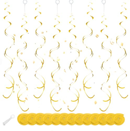 Gold Hanging Swirl Decorations 30 Pcs, Streamers Party Decorations -Twin Tails Ceiling Swirl Foil Decorations, Gold Party Decor for Wedding/Birthday/Christmas/New Year Decoration (Gold, Pack of 30)