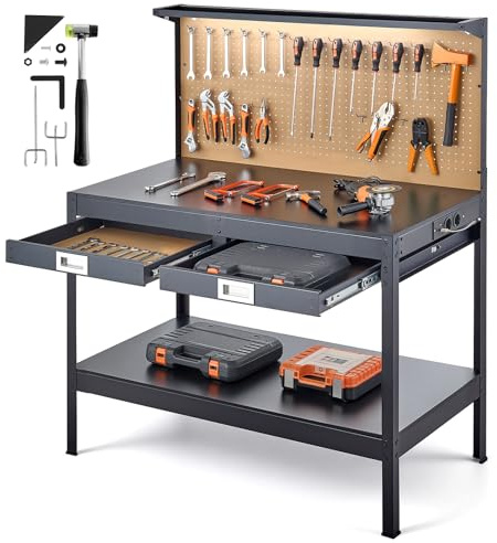 VEVOR Banco da Lavoro in Legno con Cassetti per Utensili, Banco da Lavoro con Pannello Forato per Officina, Carico Max. 110 kg, 4 Prese CA e 2 Porte USB, Cavo da 1,5 m e 30 Ganci, 150 x 61 x 120 cm