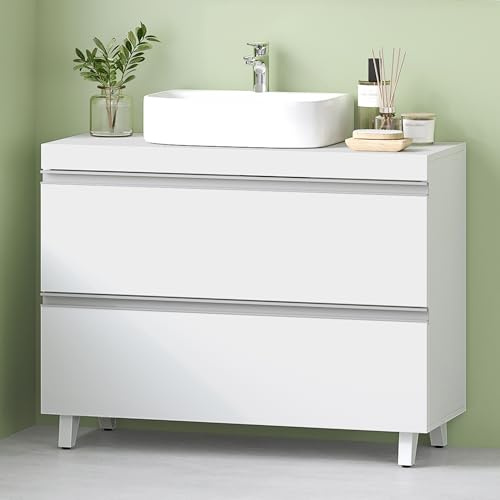 Hzuaneri Mueble Bajo Lavabo, Armario de Baño, 3 Cajones, 2 Puertas, con Pies, 30 x 80 x 64 cm, Estilo Moderno, Blanco BC36903X