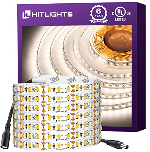HitLights White LED Strip Lights 4000K,16.4ft High Density 12V Tape Light, UL Listed, 600 LEDs, CRI>90, 300Lm/ft, Flexible Dimmable Rope Lights for Bedroom, Kitchen, Cabinet(Power Source Not Included)