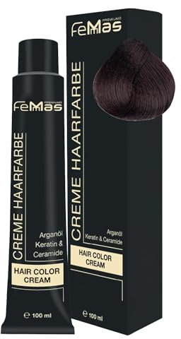 FemMas Haarfarbe Mittelbraun Gold 4.3 I Creme Haarfarbe mit Arganöl, Keratin & Ceramiden I Als dauerhafte Haarfärbung oder Tönung für strahlende, haltbare Farbergebnisse I 100 ml