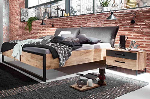 DEINE TANTE EMMA F99303+F99696 Detroit 180 x 200 cm Planken Eiche Nb. / Stahl Schwarz Dekor Bettanlage Doppelbett inkl. 2 Nachtkommoden