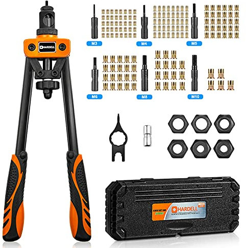 HARDELL Rivet Tool Kits, Rivet Nut Pliers Set, 14 Heavy Duty Hand Rivnut Gun with 150 Rivet Nuts and M3 M4 M5 M6 M8 M10 6 Metric Mandrels，Heat-treated Alloy Steel better for Thick Sheet Steel