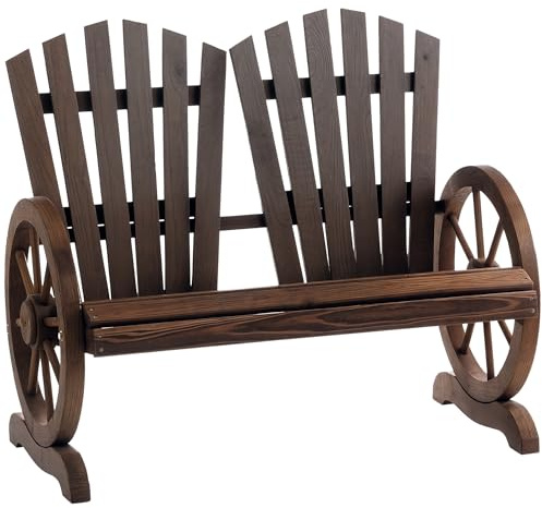 Outsunny 2 Seater Adirondack Garden Bench, Comfortable Fir Wood Outdoor Patio Bench with Wagon Wheel-Shaped Armrests, Wooden Loveseat, Carbonized Colour