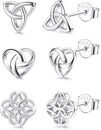 ORAZIO 3 Paires de Boucles d'oreilles Argent Sterling 925 Boucle d'oreille à Tige Hypoallergéniques à la pour Femme Ensemble de Set Boucle d'oreille Femme en Forme de Cœur avec Nœud Celtique Trinity
