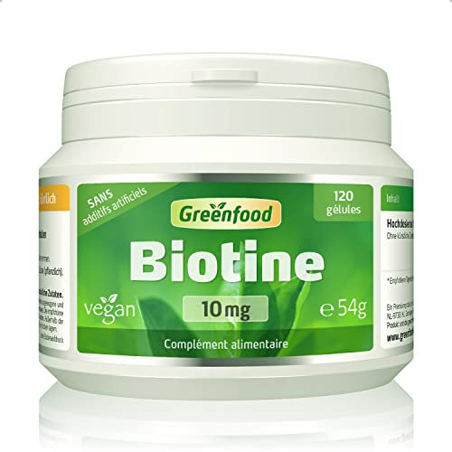 Greenfood Biotine (vitamine B7), 10 mg,dose élevée, 120 gélules - pour la peau et les cheveux Sans additifs artificiels. Sans génie génétique. Vegan.