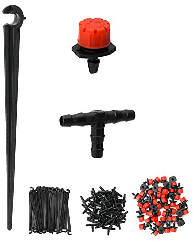 QWORK® 150 Piezas Kit de riego de jardín, kit riego por goteo automatico, Aspersores de goteo + Tubos en T + Estacas de soporte de manguera
