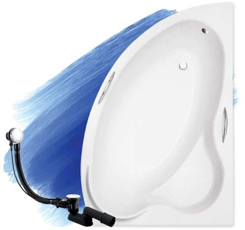 BADLAND Badewanne Original Weiß Acryl Wanne Eckbadewanne ADA 140x90 Rechts KOMPLETTSET SET + Füßen und Exklusive Chrom Automatik Ablaufgarnitur Made in EU 3in1