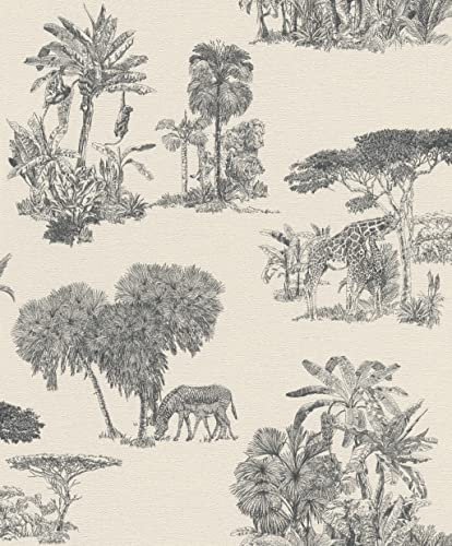 Rasch Wallpaper 555028 - Carta da parati in tessuto non tessuto chiaro con motivi safari, collezione Lirico, 10,05 m x 0,53 m, colore: Nero
