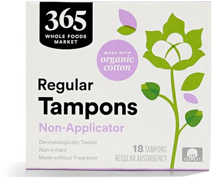 365 by Whole Foods Market, Non-Applicator Tampons, Made with Organic Cotton, Regular Absorbency, Unscented, 18 Count