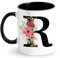Tasse avec Lettre Tasse à Café Alphabet Tasse avec Initiale et Motif Floral Tasse Personnalisé Mug Noire Cadeau pour Dame, Femme, Maman, Amie, Cadeau pour Anniversaire, Fête des Mères (R)
