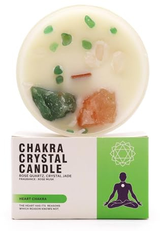 Ancient Wisdom Chakra-kristallljus – sojavax – 10 x 6 cm – 23 h brinnande (hjärtchakra)