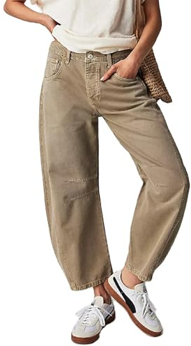 Pantalones vaqueros de mujer con pierna ancha, estilo baggy, cintura media, pantalones de mezclilla cortos tipo globo, estilo vintage, Boyfriend-Y2K, vaqueros holgados de moda urbana, caqui, S