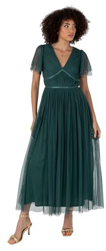 Anaya with Love Damen Women's Ladies Midaxi V-Neck Short Flutter Sleeve Ribbon A-line Tulle for Bridesmaid Wedding Guest Prom Ball Gown Dress, Emerald Green, 50 EU