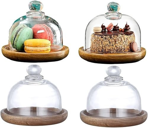 Tagtight Lot de 4 Mini Cloche a Gateau, Presentoir Gateau avec Couvercle, Support Gateau Rond, Cloche en Verre avec Socle, Porte Gateau en Bois pour Fruit, Desserts, Envoyer Salade Cuillère