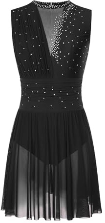 ranrann Dam Modern dansklänning gymnastik klänning dansklänning lyrisk outfit konståkning strass glänsande S-XXL, svart, S