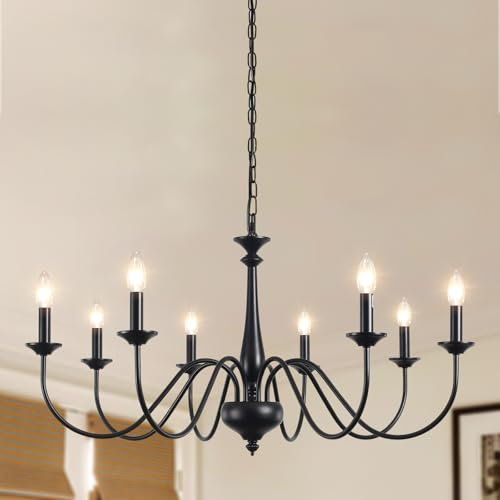 QAREHL Kronleuchter Schwarz, 8 Flammig Kronleuchter Vintage Wohnzimmerlampe mit E14 Fassung, Pendelleuchte Schwarz für Esszimmer Schlafzimmer Küche