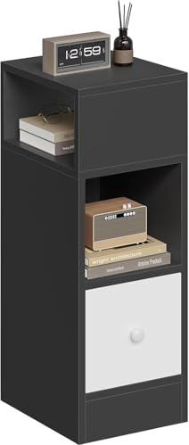 EUGAD Narrow Bedside Table, Slim Nightstand with 2 Open Compartments and 1 Drawer, Space Saving Wooden Cabinet for Bedroom Living Room, Dark Grey, 25x30x66 cm, 0010CTG