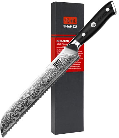 SHAN ZU Coltello per il Pane Damasco, 20cm Coltello per il Pane Seghettato 67 Strati in Acciaio Inossidabile Carbonio, Coltello da Cucina Affilato con Manico in Pakkwood per Pane, Affettare Torte