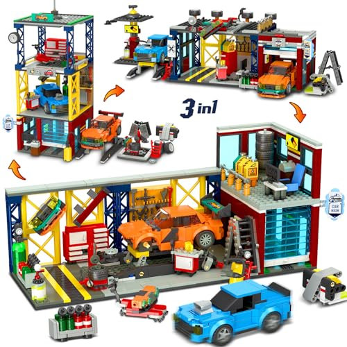 HOGOKIDS City Car Garage Kit 1022 pièces 3 en 1 atelier réparation automobile station-service bloc lavage voiture 2 voitures personnalisées