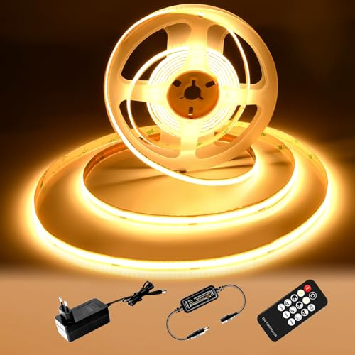 Tira LED COB 2M, 2700K Tira LED blanca cálida, 24V Tira de luces LED Regulables, CRI92, 8 mm de Ancho, con Control Remoto y Fuente de Alimentación para Decoración Hogar, Cocina, Espejo