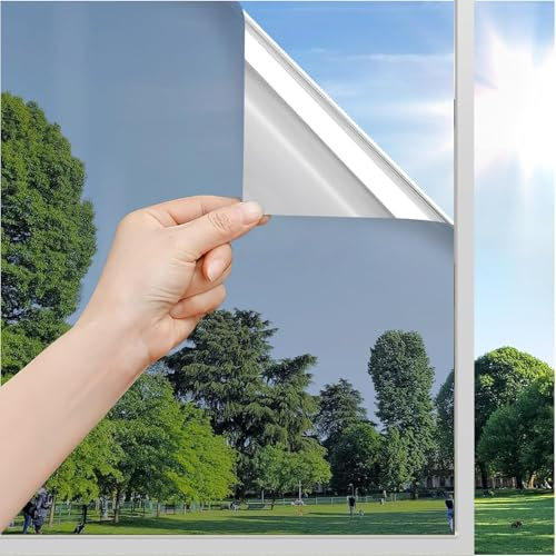 Fensterfolie Spiegelfolie, Wärmereflektion Selbstklebend Sonnenschutzfolie Wärmegrad Innen & Auße Kontrolle Anti-UV Privatsphäre Glas Fenstertönung Glatt Fensteraufkleber 30x200cm Silber