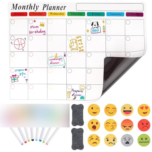 NVGVUP Magnetic Fridge Whiteboard Calendar, Weekly/Monthly Planner Whiteboard A3, Task Planning Reminder and Memo Board, with 8 Dry Erase Markers, 12 Emoji Magnets, 2 Sponge Erasers
