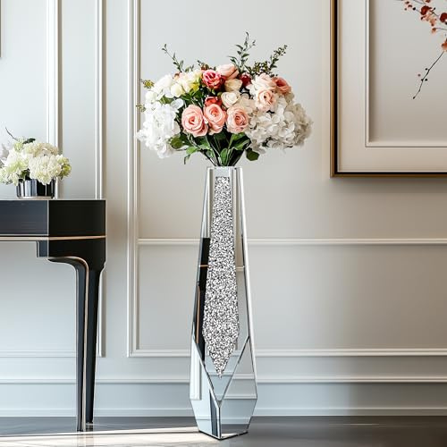 Vaso da terra Artloge grande, altezza 85 cm: vaso in cristallo argentato per erba della pampa, vaso per fiori in vetro specchiato a forma di diamante, vasi antiscivolo per soggiorno, sala da pranzo, a