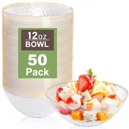 Rubtlamp 50 Pack Clear Disposable Bowls, Clear Plastic Bowls with Gold Rim, 12-16oz Premium Heavy Duty Plastic Hammered soup Bowls for Milk Cereals, Snacks, Salads