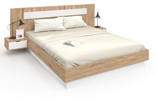 IDMarket - Lit Double Santa avec tête de lit + Tables de Chevet intégrées et sommier 160 x 200 cm Bois et Blanc