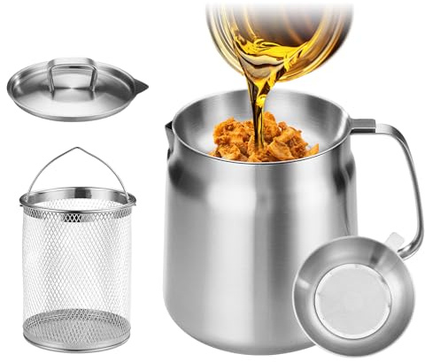 119oz 304 Stainless Steel Deep Fryer Pot with Basket & Strainer, Large Capacity Bacon Grease Container for Kitchen,Frying, Cooking, Camping,Oil Filter Container - Dishwasher Safe (119oz/3.5L/3.7Qt)