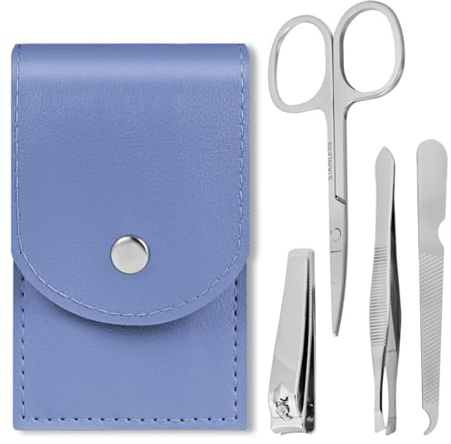 LOPHE Kit Tagliaunghie, 4 Pezzi Set per Pedicure, set di Bellezza Portatile con Lussuosa Custodia da Viaggio in Pelle, in Acciaio Inox, per Donne e Uomini (Blu)